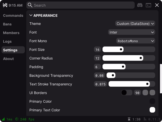 The Kohl's Admin settings panel, showing theme, font, size, radius, padding, and transparency controls.